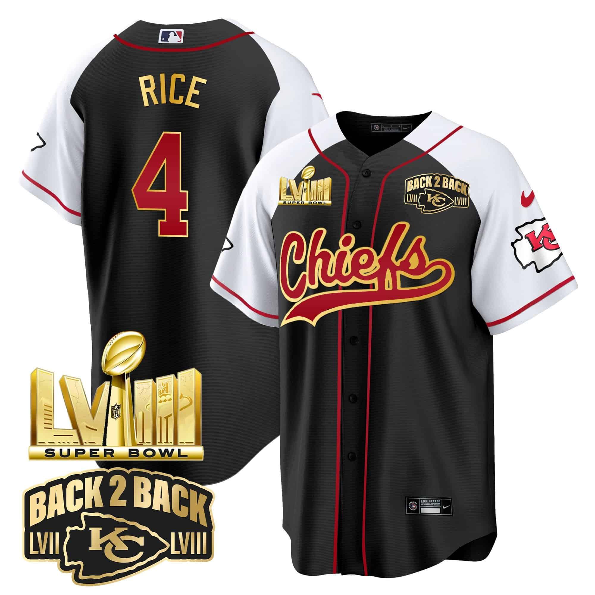 Men Kansas City Chiefs 4 Rice Black 2024 Nike Super Bowl LVIII Back 2 Back Gold Patch Baseball NFL Jersey style 1